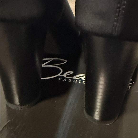 bebe Black Heeled Peep-Toe Boots with Gold Zipper - Picture 4 of 8